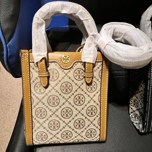 Tory Burch Beige Jacquard Mini Tote with Tan Leather Trim